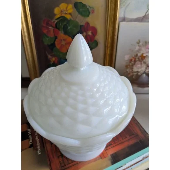 Vintage Milk Glass Pedestal Covered Candy Dish Basket Weave Design 10" Tall Coll - Picture 2 of 9